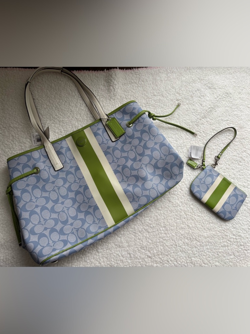 NWT Coach Blue White Green Signature Canvas Carryall Tote Wristlet Matching Set